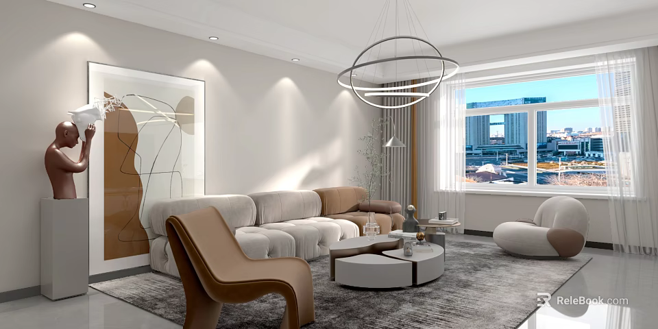 Modern Living and Dining Room Interior With Sofa Coffee Table Chandelier And Window View 3d model 