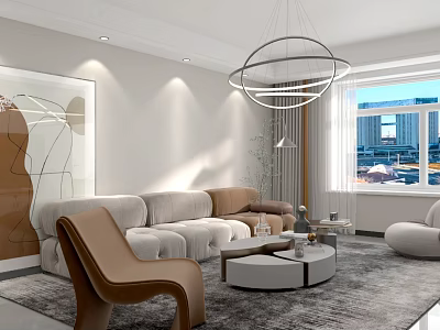 Modern Living and Dining Room Interior With Sofa Coffee Table Chandelier And Window View 3d model