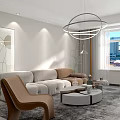 Modern Living and Dining Room Interior With Sofa Coffee Table Chandelier And Window View