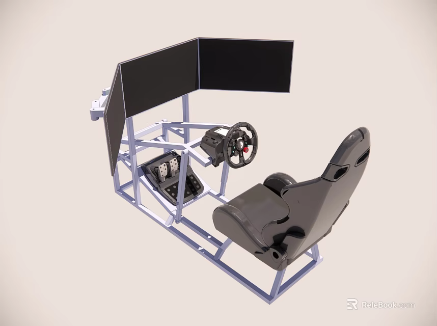 Computer Racing Simulator With Steering Wheel Multiple Screens Metal Frame And Seat 3d model