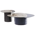 Modern Irregular Marble Top Nesting Coffee Table Set With Sturdy Cylindrical Dark Metal Base