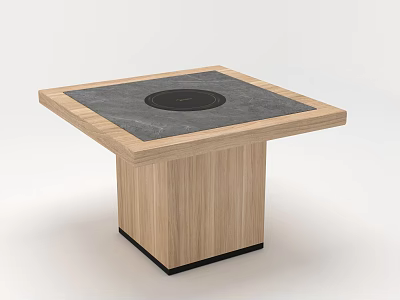 Square Dining Table With Gray Top Circular Center And Wooden Legs 3d model