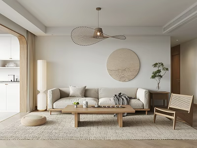 Modern Living Room Interior With Beige Sofa Round Wall Art And Wooden Coffee Table 3d model