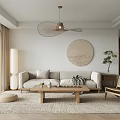 Modern Living Room Interior With Beige Sofa Round Wall Art And Wooden Coffee Table