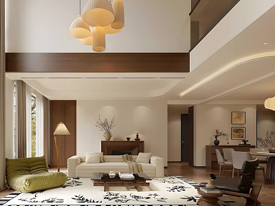 Duplex Living Room Interior With White Sofa Green Armchair Patterned Rug Pendant Lights Wooden Beam And Wall Art 3d model