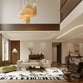 Duplex Living Room Interior With White Sofa Green Armchair Patterned Rug Pendant Lights Wooden Beam And Wall Art