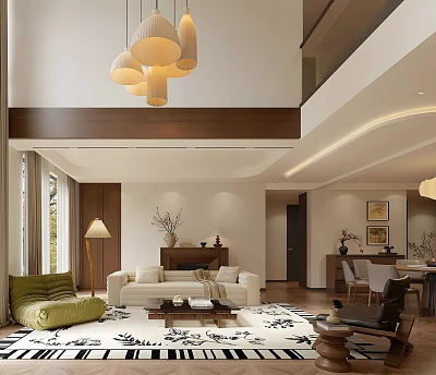 Duplex Living Room Interior With White Sofa Green Armchair Patterned Rug Pendant Lights Wooden Beam And Wall Art 3d model