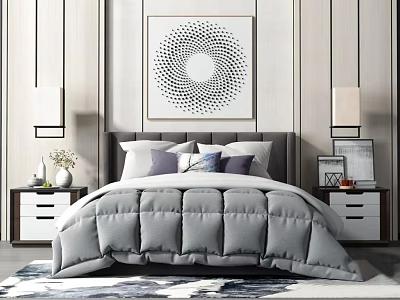 Modern Bedroom Double Bed With Gray Comforter Pillows Headboard And Abstract Wall Art 3d model