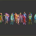 Group of People in Colorful Clothing Posing on Black Reflective Floor with Gray Background