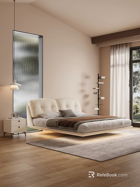 Modern Bedroom Interior Design With Upholstered Bed Nightstand Floor Lamp And Area Rug 3d model 