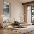 Modern Bedroom Interior Design With Upholstered Bed Nightstand Floor Lamp And Area Rug