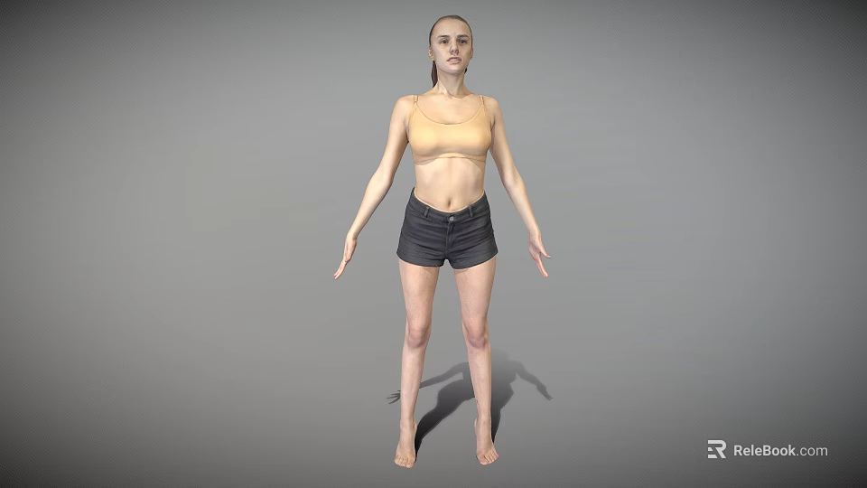 Woman In Light Yellow Top And Dark Shorts Standing Barefoot On Gray Background 3d model 