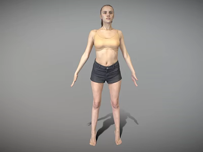 Woman In Light Yellow Top And Dark Shorts Standing Barefoot On Gray Background 3d model