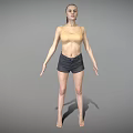 Woman In Light Yellow Top And Dark Shorts Standing Barefoot On Gray Background