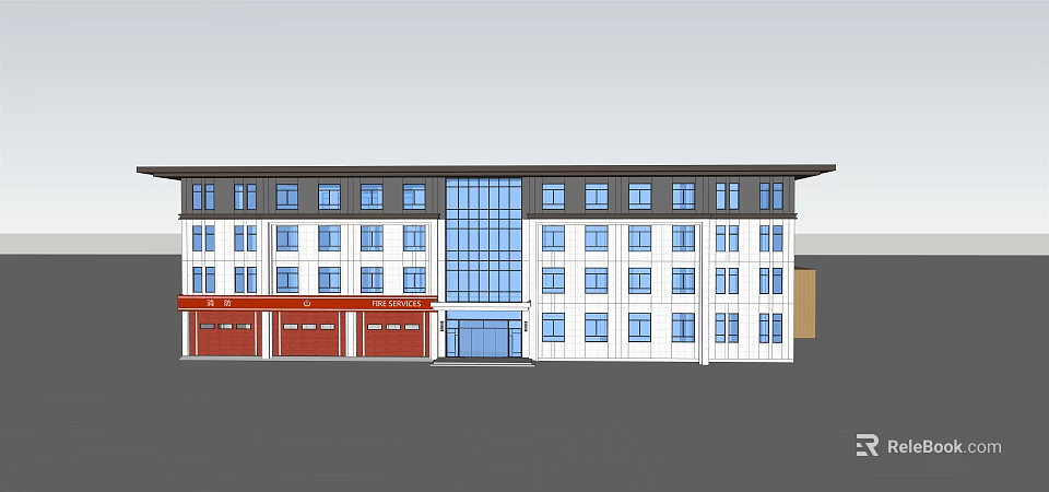 Modern Office Building With White Exterior Blue Windows And Red Garage Doors 3d model 