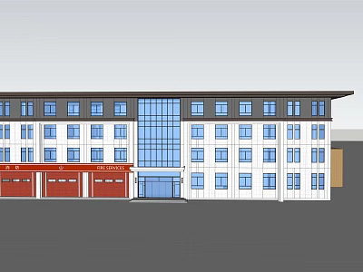 Modern Office Building With White Exterior Blue Windows And Red Garage Doors 3d model