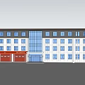 Modern Office Building With White Exterior Blue Windows And Red Garage Doors