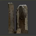 Weathered Stone Sculpture Installation With Cracked Surfaces And Rustic Metal Wires