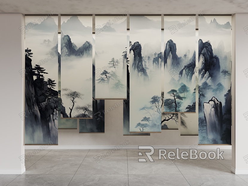 New Chinese Zen Gauze Curtain Bamboo Gauze Curtain Ink Landscape Painting Gauze Curtain New Chinese Tea Room Tea Room Table and Chair New Chinese Bamboo Roller Curtain model