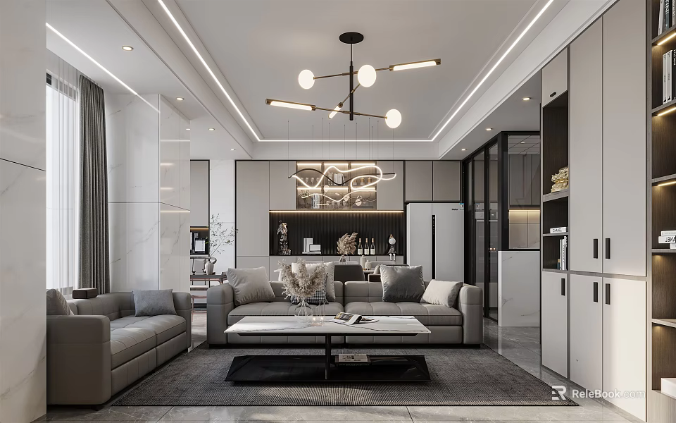 Modern Living and Dining Room Interior With Gray Sofa Coffee Table Pendant Light And Decor 3d model 
