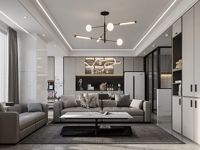 Modern Living and Dining Room Interior With Gray Sofa Coffee Table Pendant Light And Decor 3d model