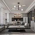 Modern Living and Dining Room Interior With Gray Sofa Coffee Table Pendant Light And Decor