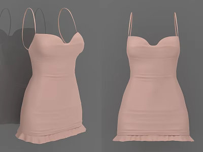 Women's Pink Spaghetti Strap Dress Featuring Heart Neckline And Ruffled Hem 3d model