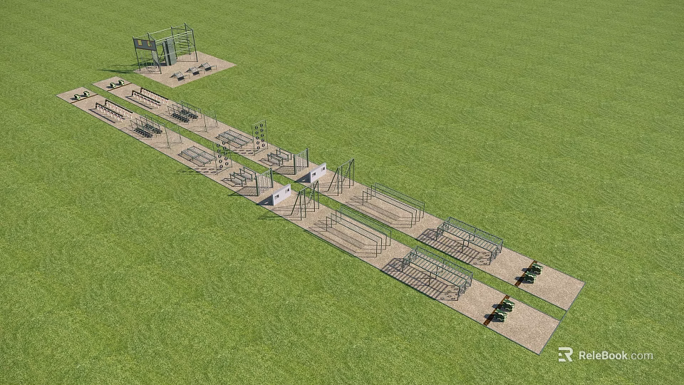 Outdoor Public Fitness Facilities With Multiple Training Stations On Green Grass Field 3d model 