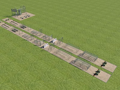 Outdoor Public Fitness Facilities With Multiple Training Stations On Green Grass Field 3d model