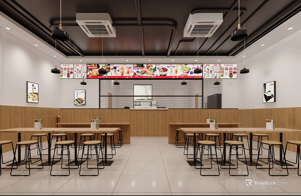 Bright Restaurant Interior With Wooden Tables Chairs Hanging Lights Menu Display Board And Decorative Posters 3d model 