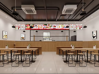 Bright Restaurant Interior With Wooden Tables Chairs Hanging Lights Menu Display Board And Decorative Posters 3d model