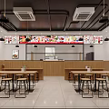 Bright Restaurant Interior With Wooden Tables Chairs Hanging Lights Menu Display Board And Decorative Posters