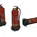 Three Red Vintage Fire Extinguishers With Label Details And Safety Gear