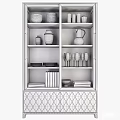 Elegant Dark Wood Sideboard Featuring Glassware Bowls Vases and Books on Shelves