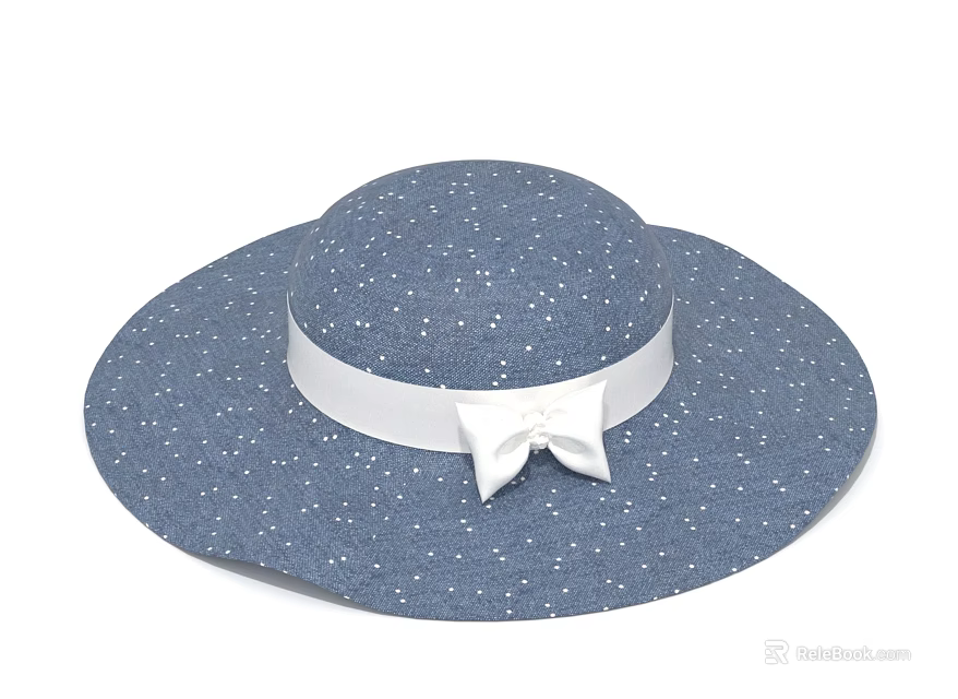 Blue Wide Brim Hat With White Polka Dots And White Bow Accent 3d model 