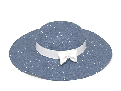 Blue Wide Brim Hat With White Polka Dots And White Bow Accent 3d model