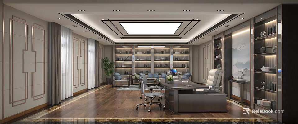 Modern Elegant Office Interior With Wooden Desk Leather Chair And Built In Bookshelves 3d model 