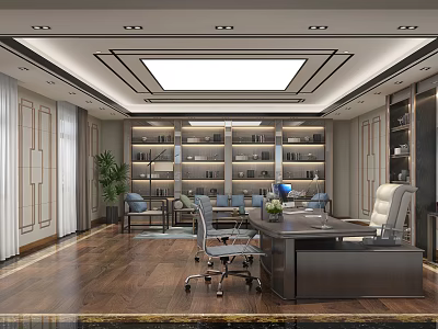 Modern Elegant Office Interior With Wooden Desk Leather Chair And Built In Bookshelves 3d model
