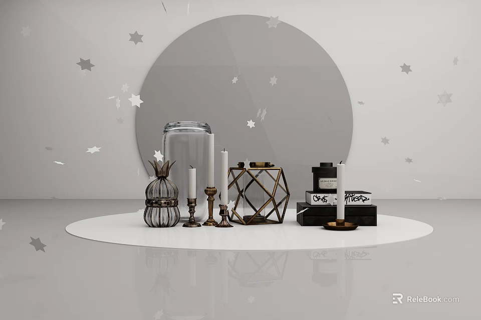 Elegant Home Decorative Ornament Set With Glass Jar Candle Holders Metal Frames And Star Accents 3d model 
