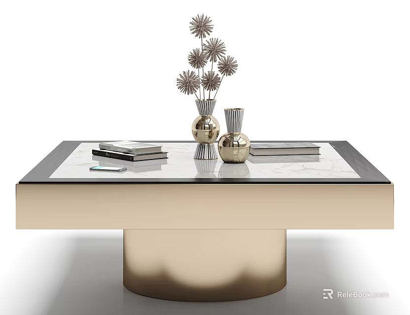 Modern Coffee Table With Glass Top Metal Base And Decorative Vase Flowers Stacked Books 3d model 