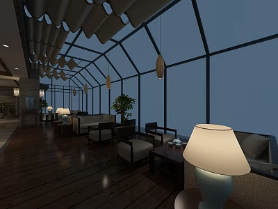 Modern Clubhouse Interior With Comfortable Seating Wooden Floors And Pendant Lights 3d model