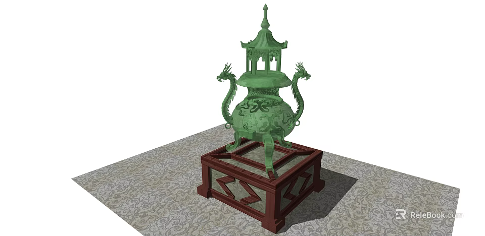Green Bronze Tripod Incense Burner With Dragon Decorations On Wooden Stand 3d model 