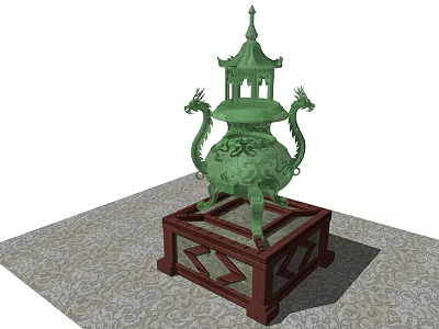 Green Bronze Tripod Incense Burner With Dragon Decorations On Wooden Stand 3d model