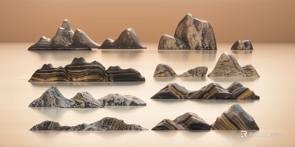Rock Shaped Decorative Ornament Set With Marble Texture On Water Surface 3d model 