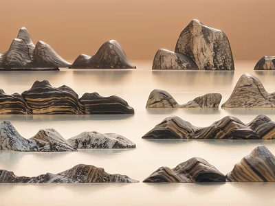 Rock Shaped Decorative Ornament Set With Marble Texture On Water Surface 3d model