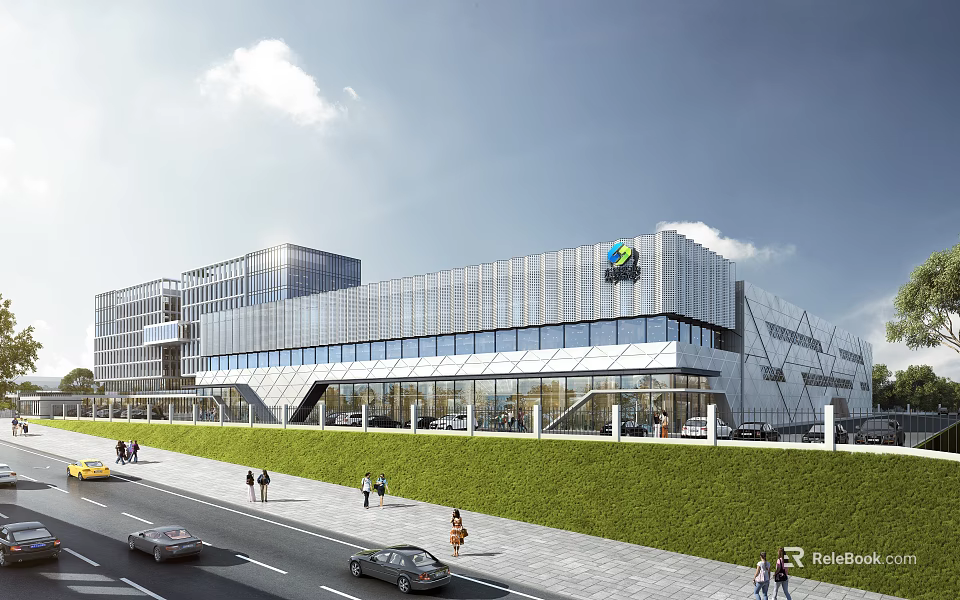 Aerial Planning of Modern Glass Facade Building With Green Lawn Road Pedestrians and Vehicles 3d model 