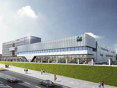 Aerial Planning of Modern Glass Facade Building With Green Lawn Road Pedestrians and Vehicles 3d model