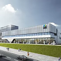Aerial Planning of Modern Glass Facade Building With Green Lawn Road Pedestrians and Vehicles