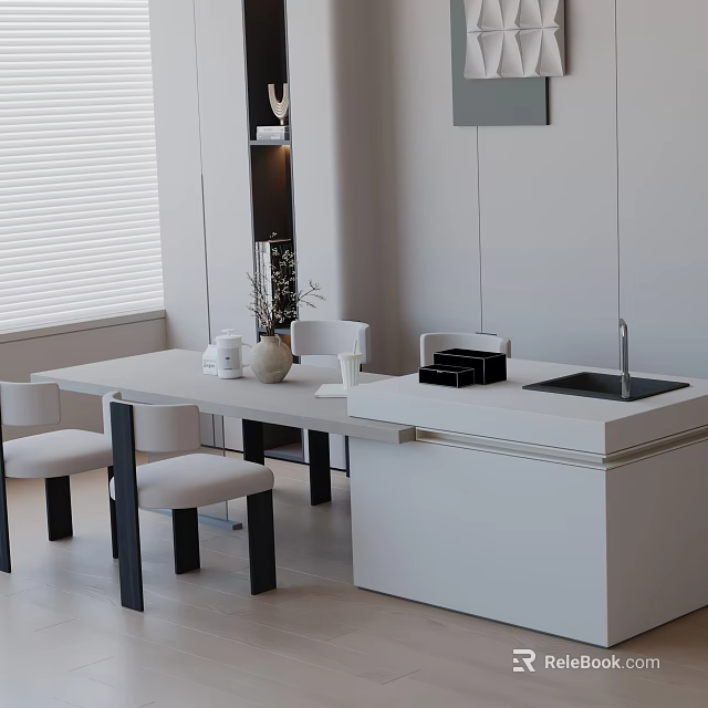 Modern Dining Table Set With White Chairs And Minimalist Decor Elements 3d model 
