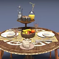 Classic Circular Dining Table Set With Two Carved Chairs And Fruit Bowl Tableware